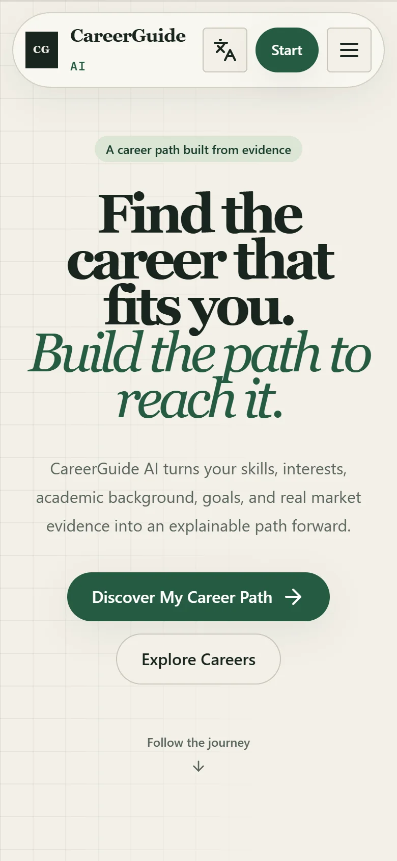 CareerGuide AI landing page: Find the career that fits you