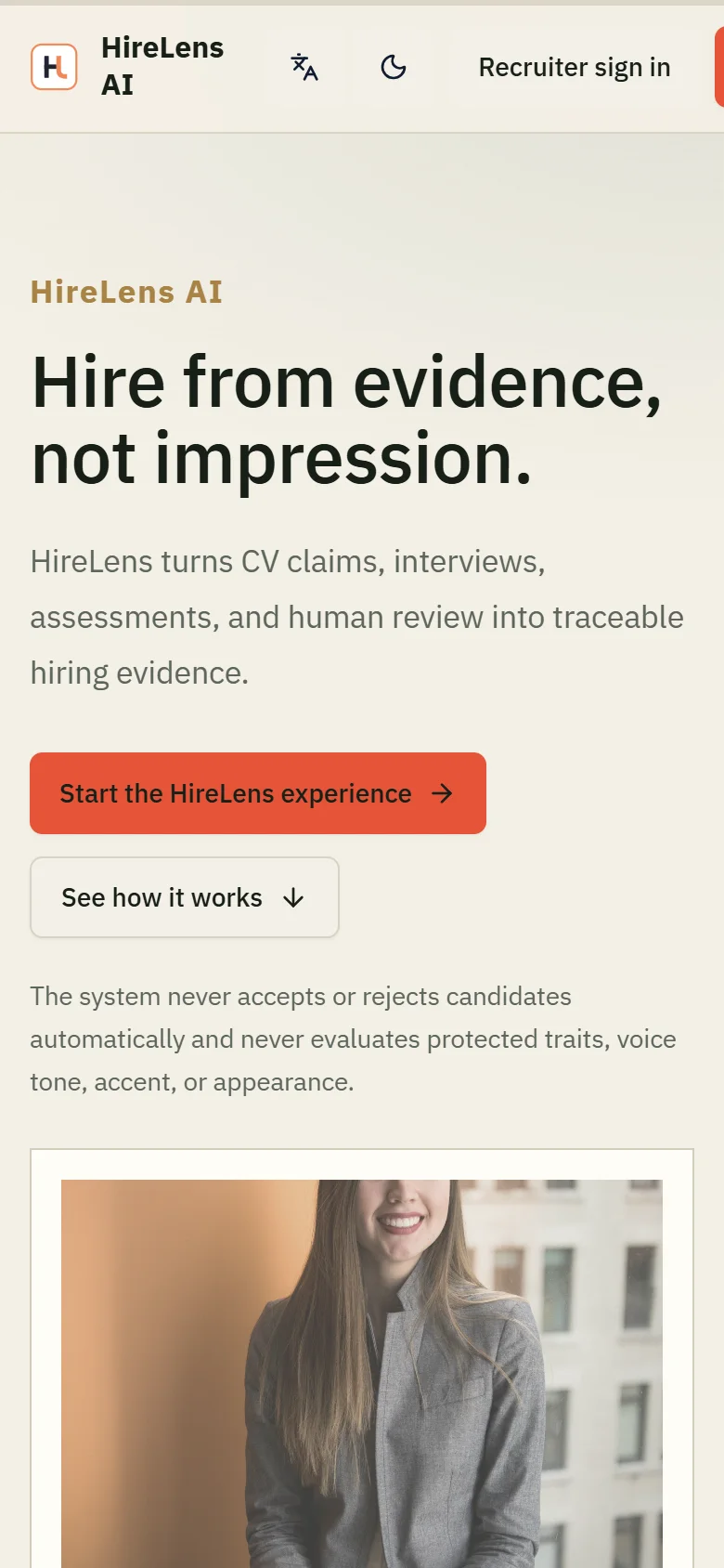 HireLens AI landing page: Hire from evidence, not impression