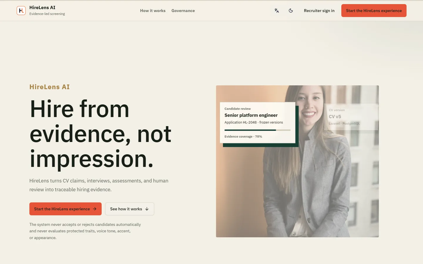 HireLens AI landing page: Hire from evidence, not impression