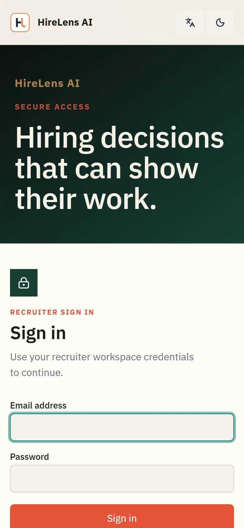 HireLens recruiter sign-in screen