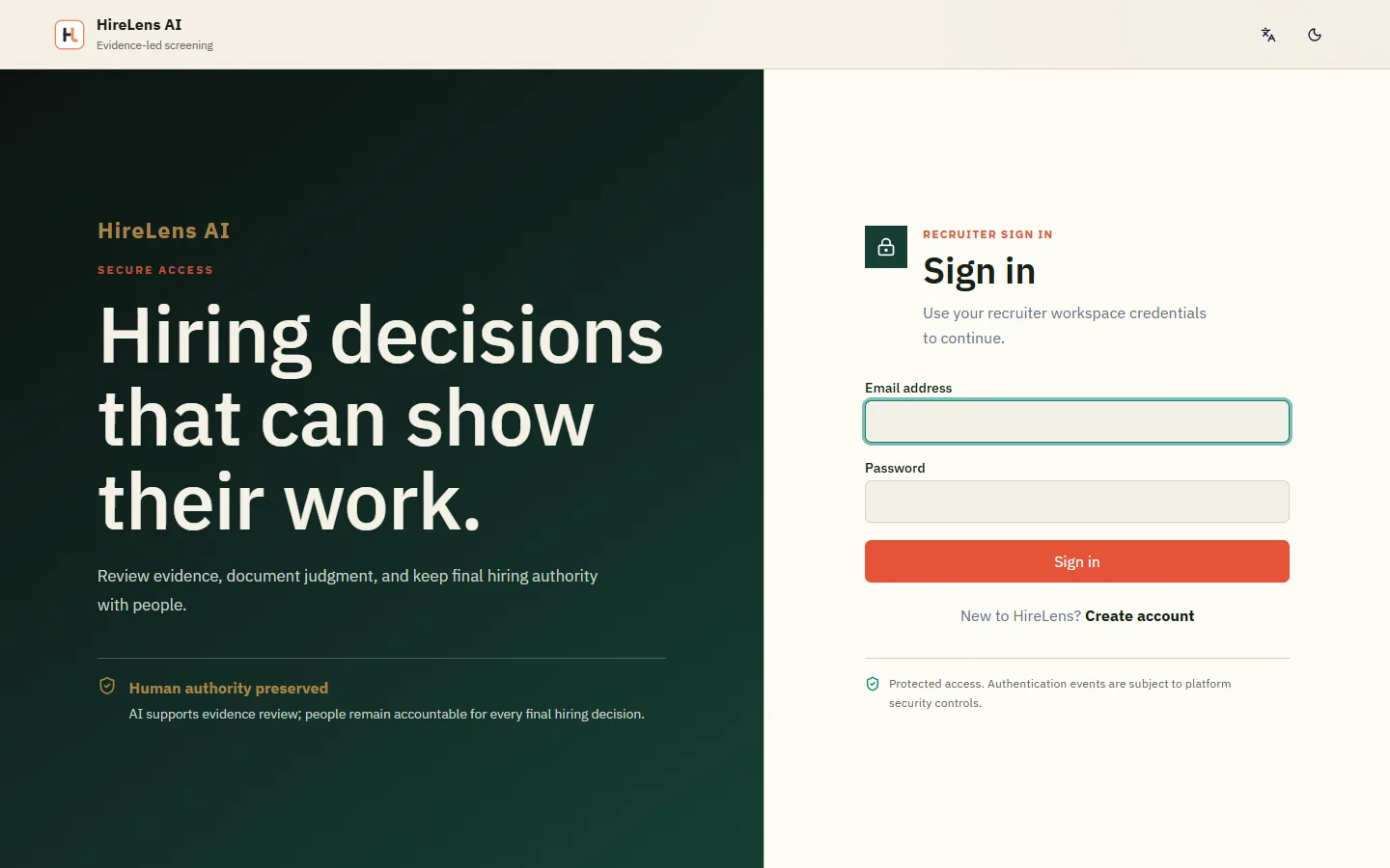 HireLens recruiter sign-in screen