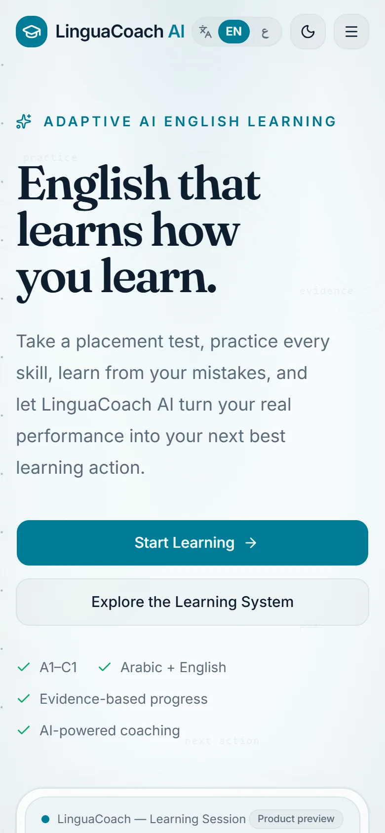 LinguaCoach AI landing page with a coaching conversation preview