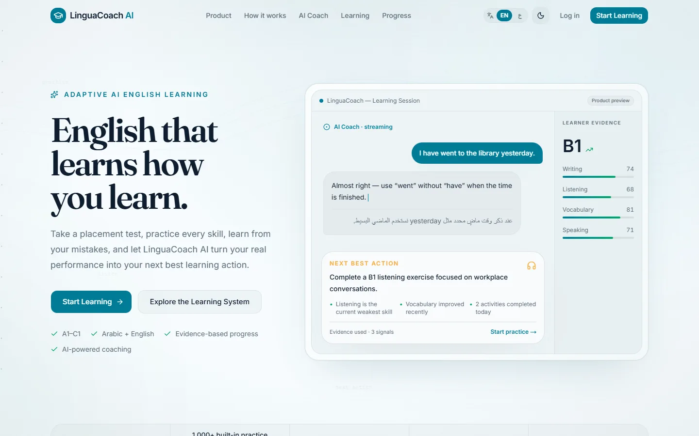 LinguaCoach AI landing page with a coaching conversation preview