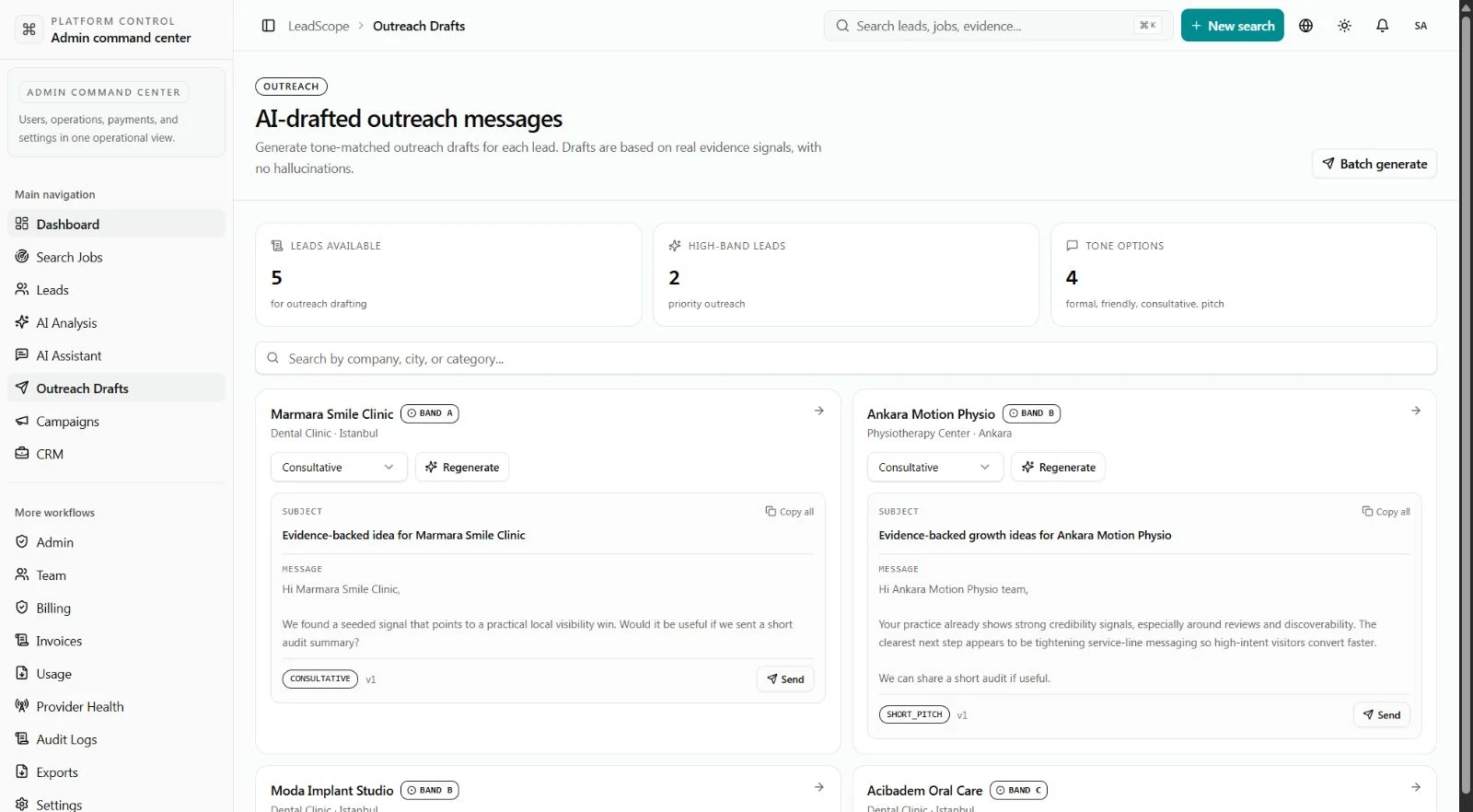 AI outreach drafts