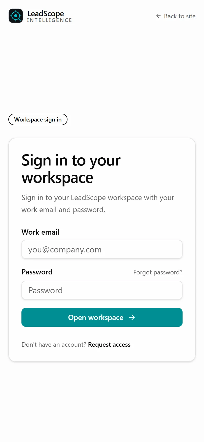 LeadScope workspace sign-in screen
