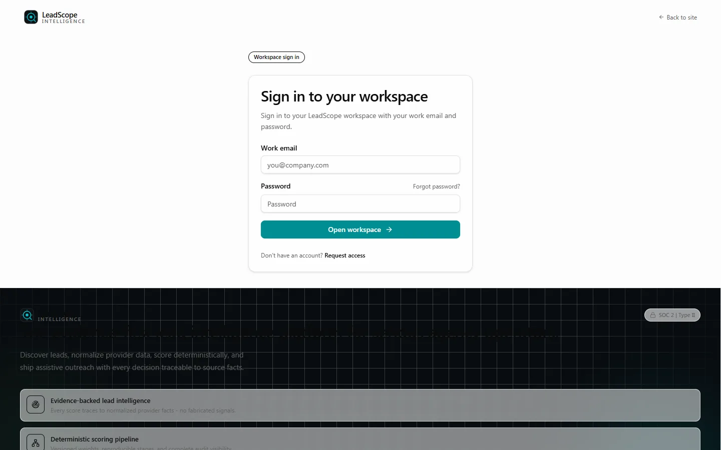 LeadScope workspace sign-in screen