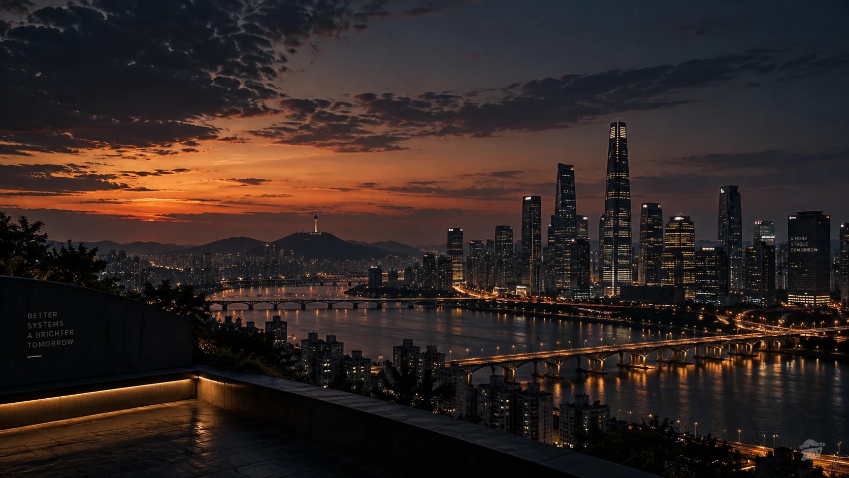 A city at dusk seen from a terrace